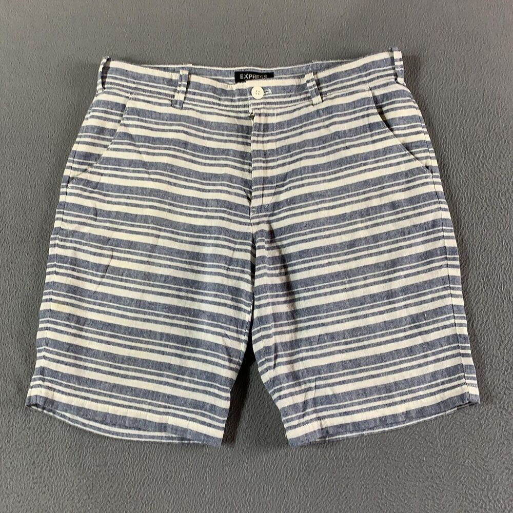 Express Chino Shorts Mens 32 Blue White Striped Linen Cotton Classic 9.5 Inseam